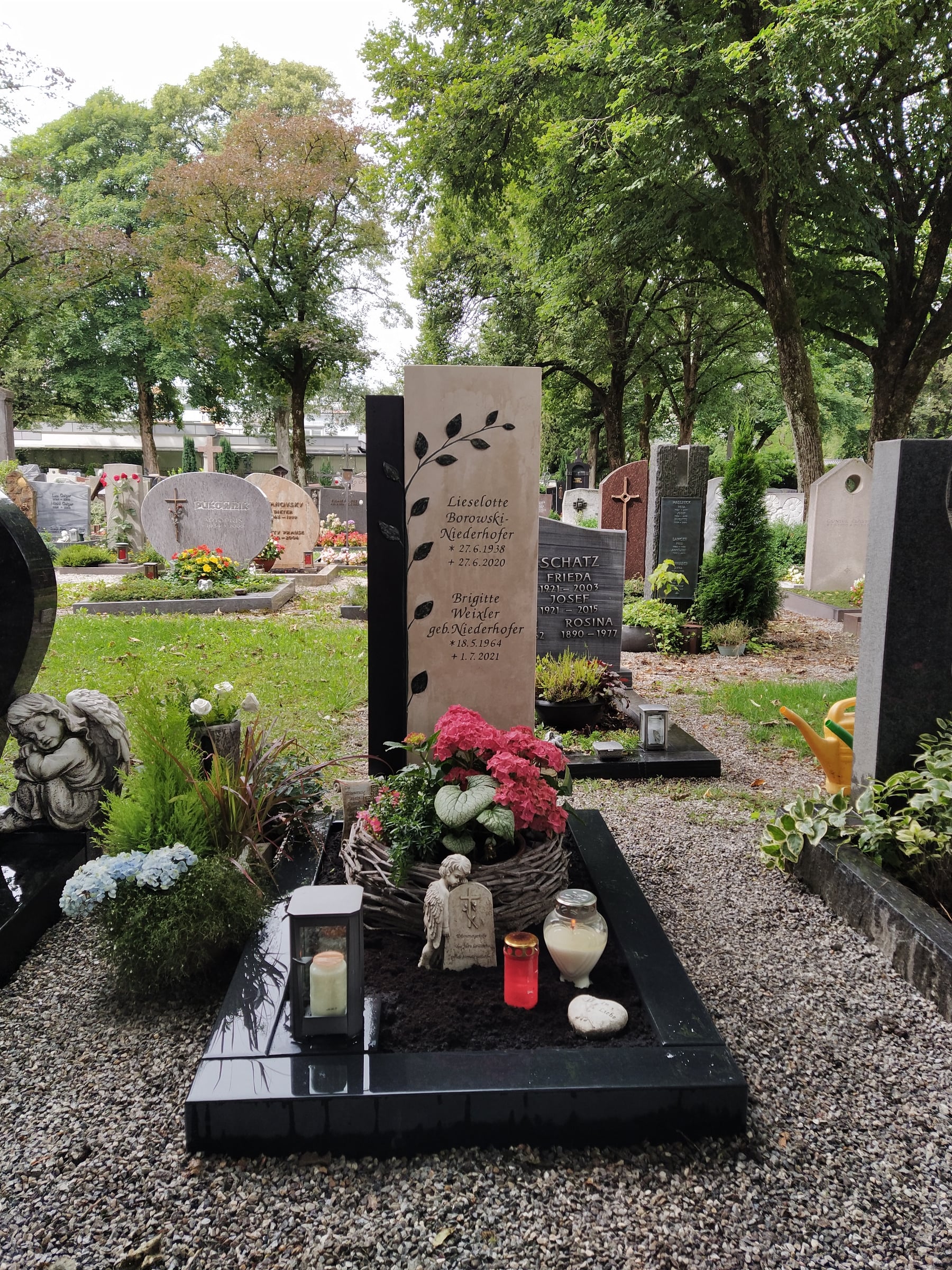 Zweiteiliger Doppelgrabstein in Anthrazit-Granit und Kalkstein mit sandgestrahltem Blatt- und Rankenmotiv