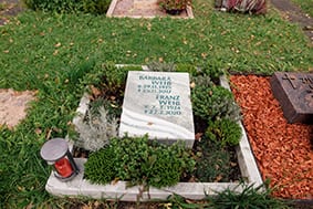 Weißer Naturstein-Liegestein für Urnengrab mit grüner Schriftgravur, eingebettet in natürliche Bepflanzung