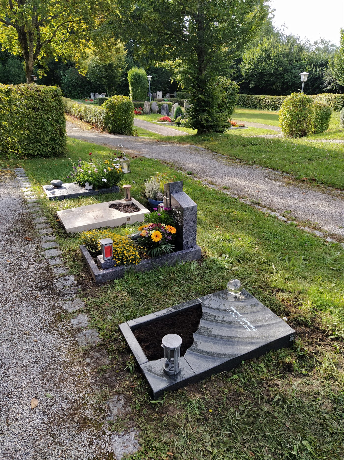 Heller Kalkstein-Liegestein für Urnengrab mit sandgestrahltem Baummotiv und integrierten Kerzenöffnungen – Ansicht 2