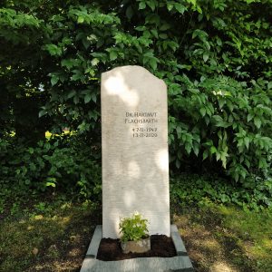 Heller Naturstein-Grabstein mit sandgestrahltem Bergpanorama-Motiv, zweiteilig mit Stele und Liegestätte