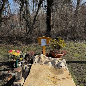 Travertin-Liegestein für Urnengrab mit natürlicher Lochstruktur und dreidimensionalem Bergelement, flach und bodenständig