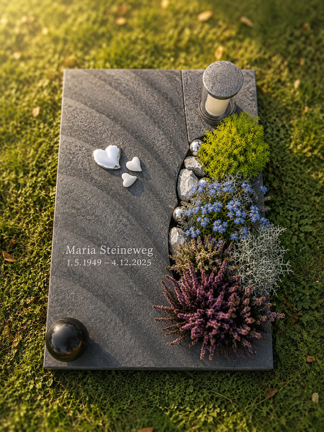Liegende Namenssteine aus weißem Marmor im Fächer-Arrangement — Sternenhimmel-Konzept STOI