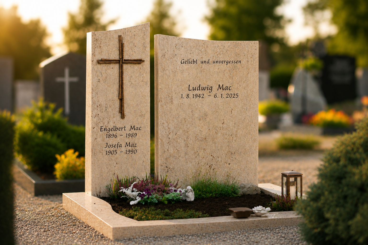 Doppelgrabstein — gemeinsames Grabmal für zwei Menschen, STOI Steinmetzwerkstatt Kempten
