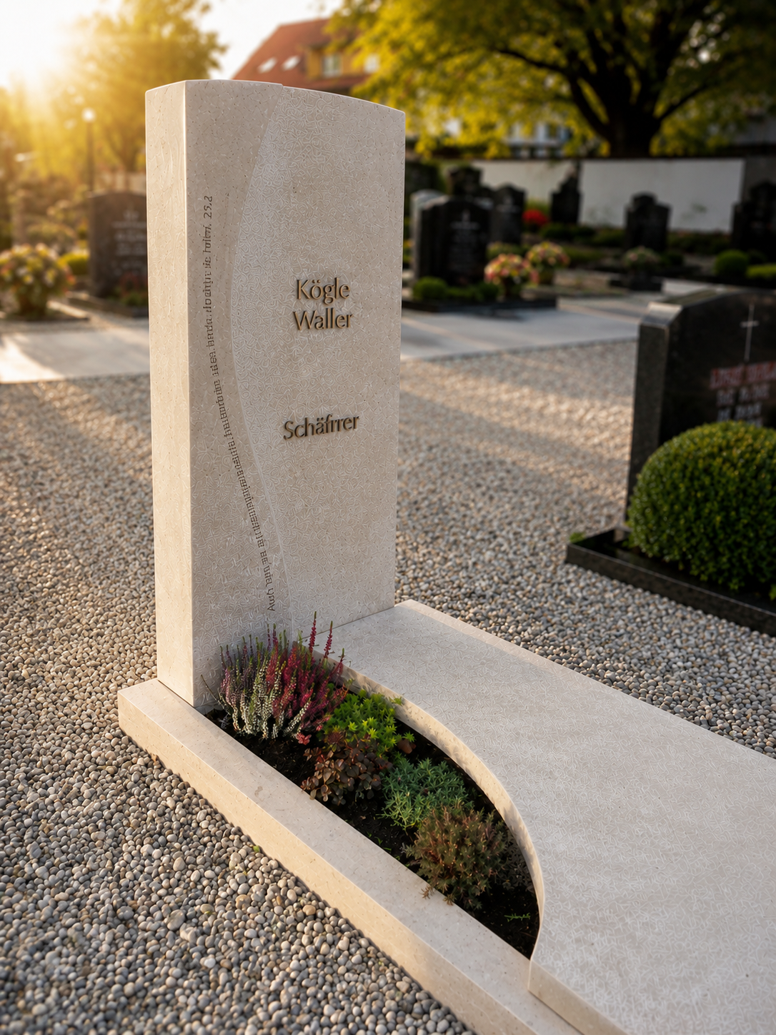 Grabstein ohne Kreuz — moderner Naturstein-Grabstein mit Wellenform, schlicht und persönlich, STOI Steinmetzwerkstatt