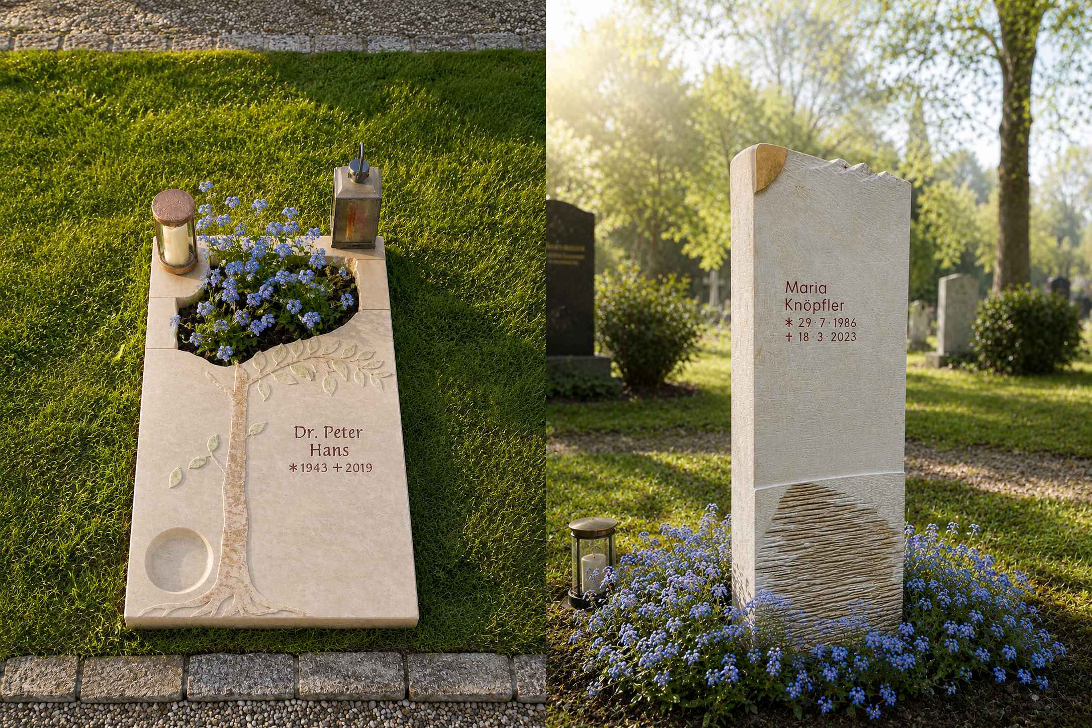 Urnengrabstein liegend oder stehend — Liegestein mit Baum-Gravur vs. Stele im direkten Vergleich, STOI Steinmetzwerkstatt