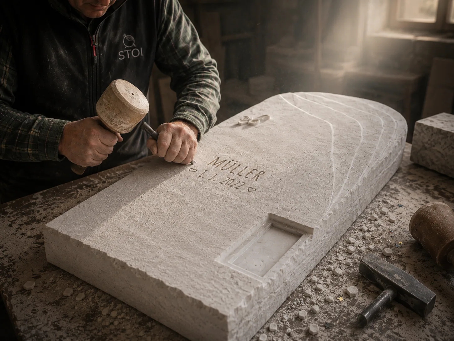 Steinmetz bei handwerklicher Arbeit am Grabstein — STOI Steinmetzwerkstatt