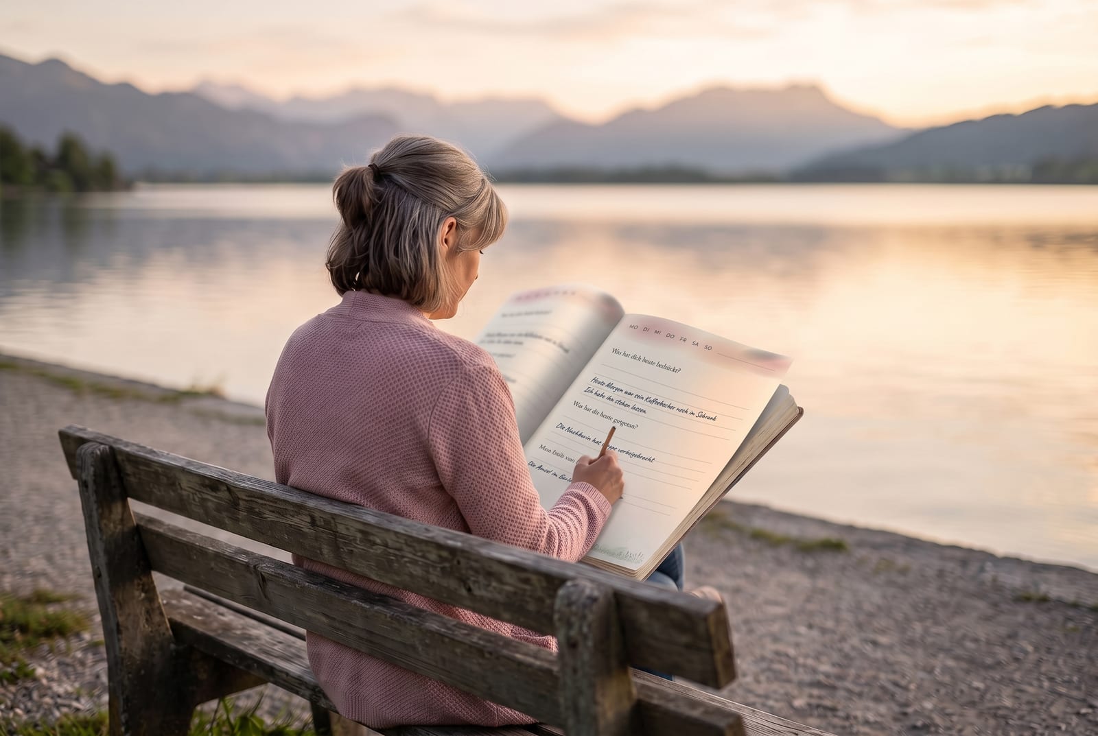 Frau schreibt am See bei Sonnenuntergang in ihr Trauertagebuch