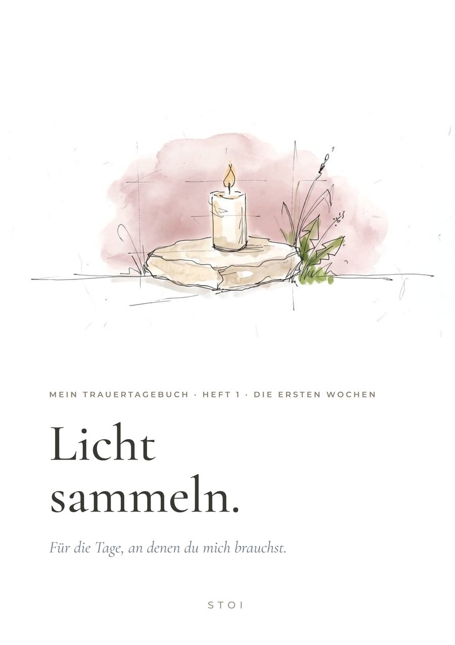 Deckblatt des kostenlosen Trauertagebuchs Licht sammeln mit gezeichneter Kerze
