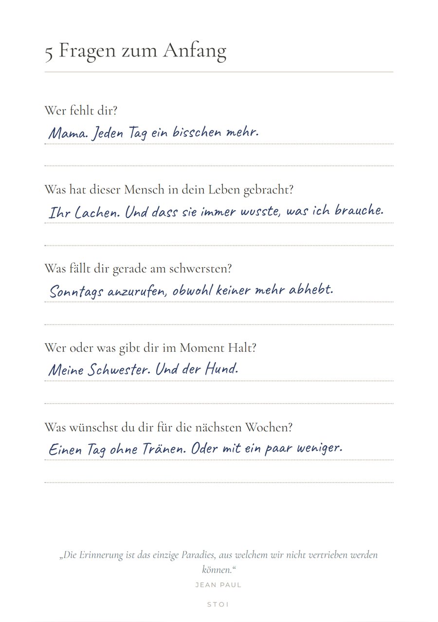 Seite 5 Fragen zum Anfang im Trauertagebuch