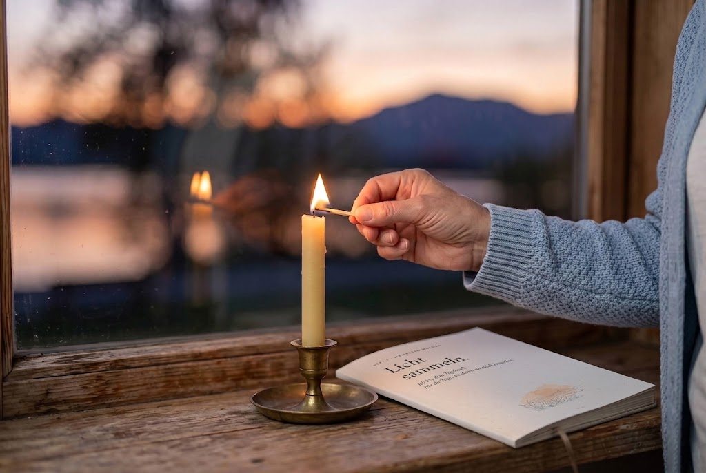 Eine Kerze am Fenster anzünden, daneben das Trauertagebuch