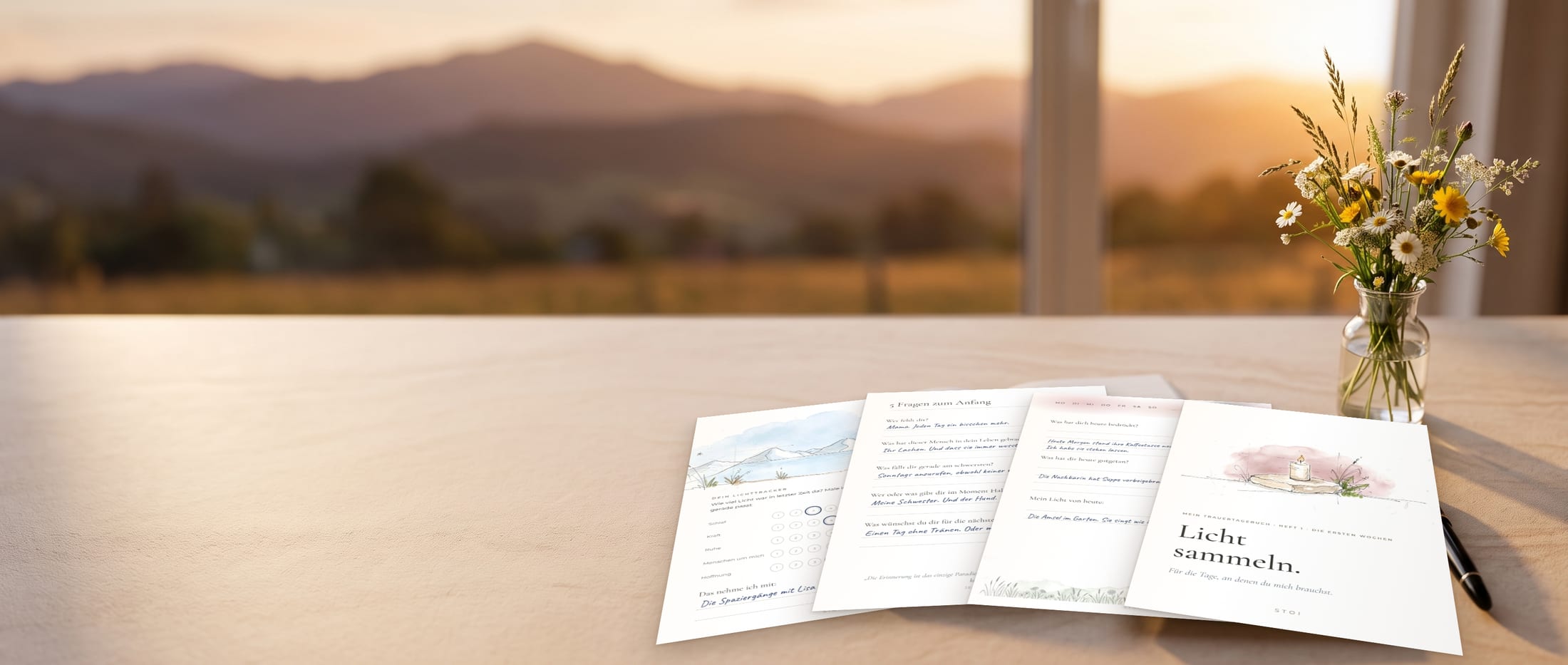 Trauertagebuch Licht sammeln kostenlos zum Ausdrucken, ausgedruckte Seiten mit dem Deckblatt