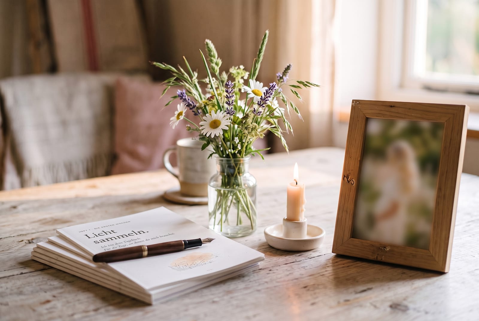 Ausgedruckte Seiten des Trauertagebuchs mit Wiesenblumen, Kerze und Erinnerungsfoto